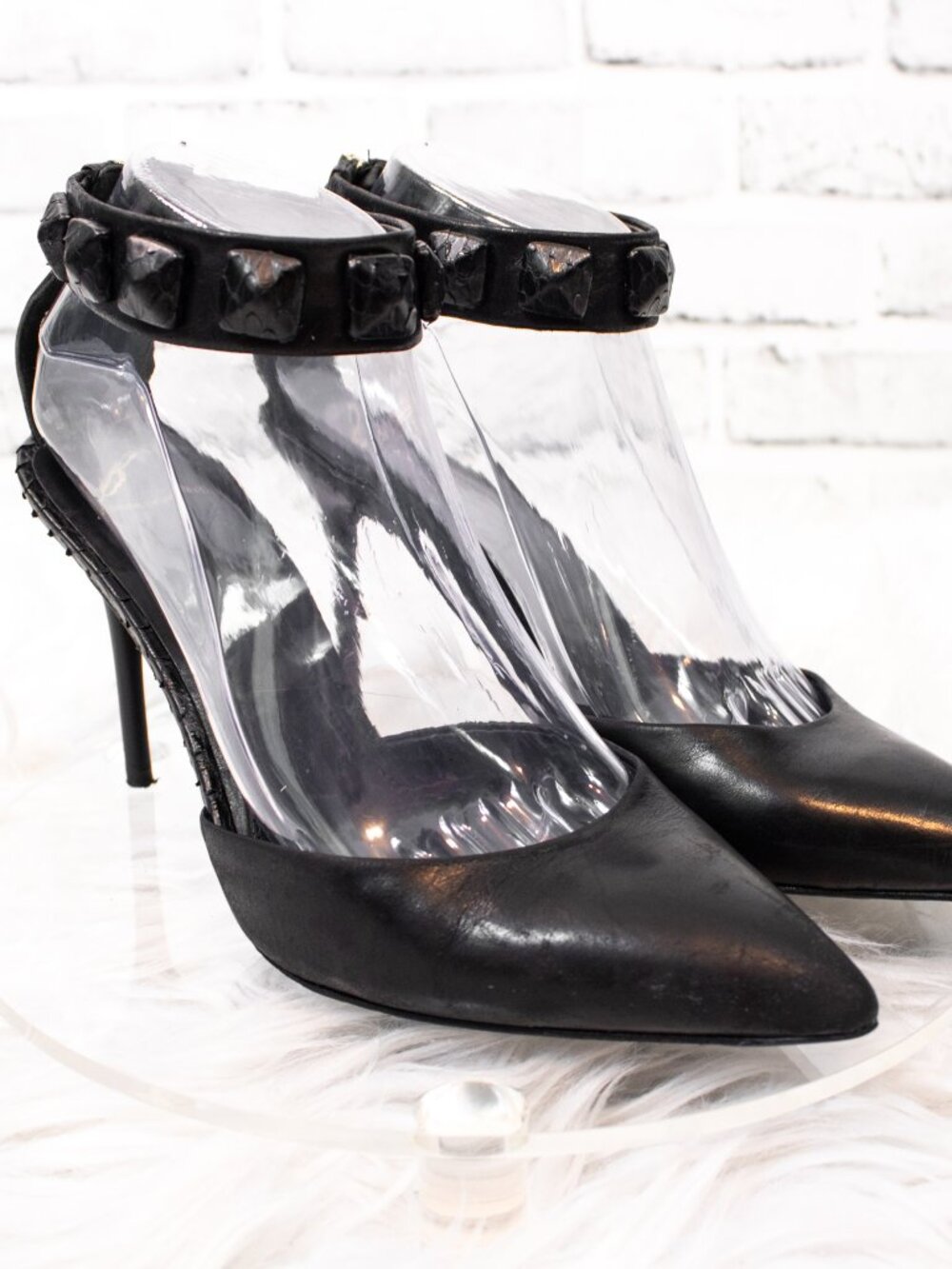 Brian Atwood Black Leather High Heels Size 7.5 Pointed Toe Pumps Ankle Strap